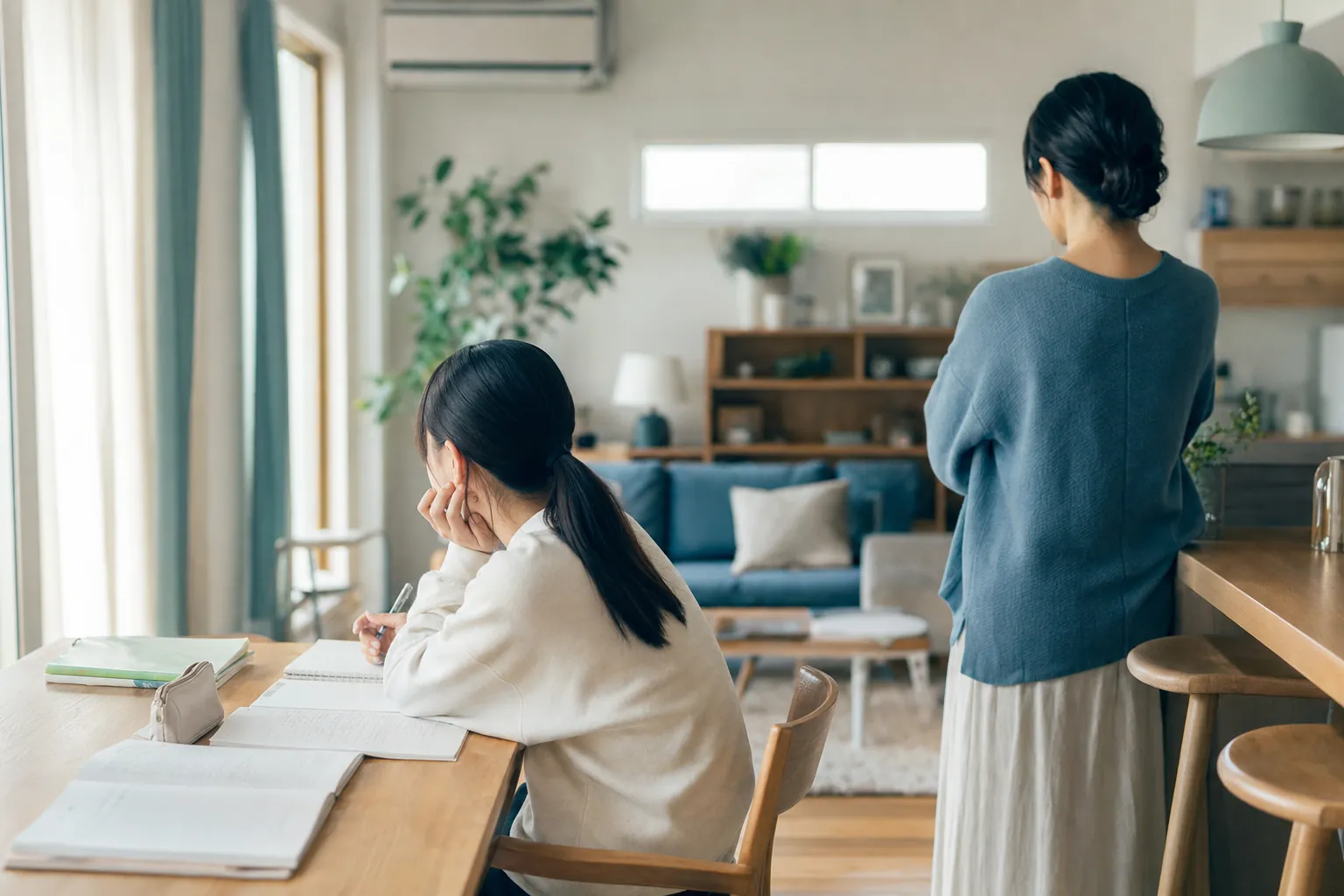 夕方のリビング。テーブルにワークを広げたまま頬杖をつく中学生と、少し離れて見守る母親の後ろ姿（顔ぼかしなし・後ろ姿構図）