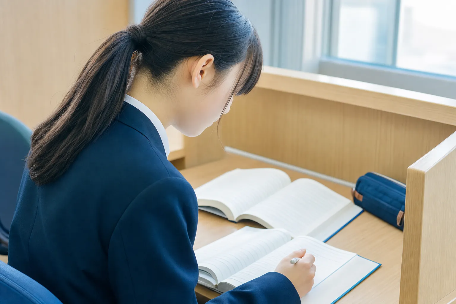 制服の高校生が自習室で参考書と単語帳を広げ集中する横顔