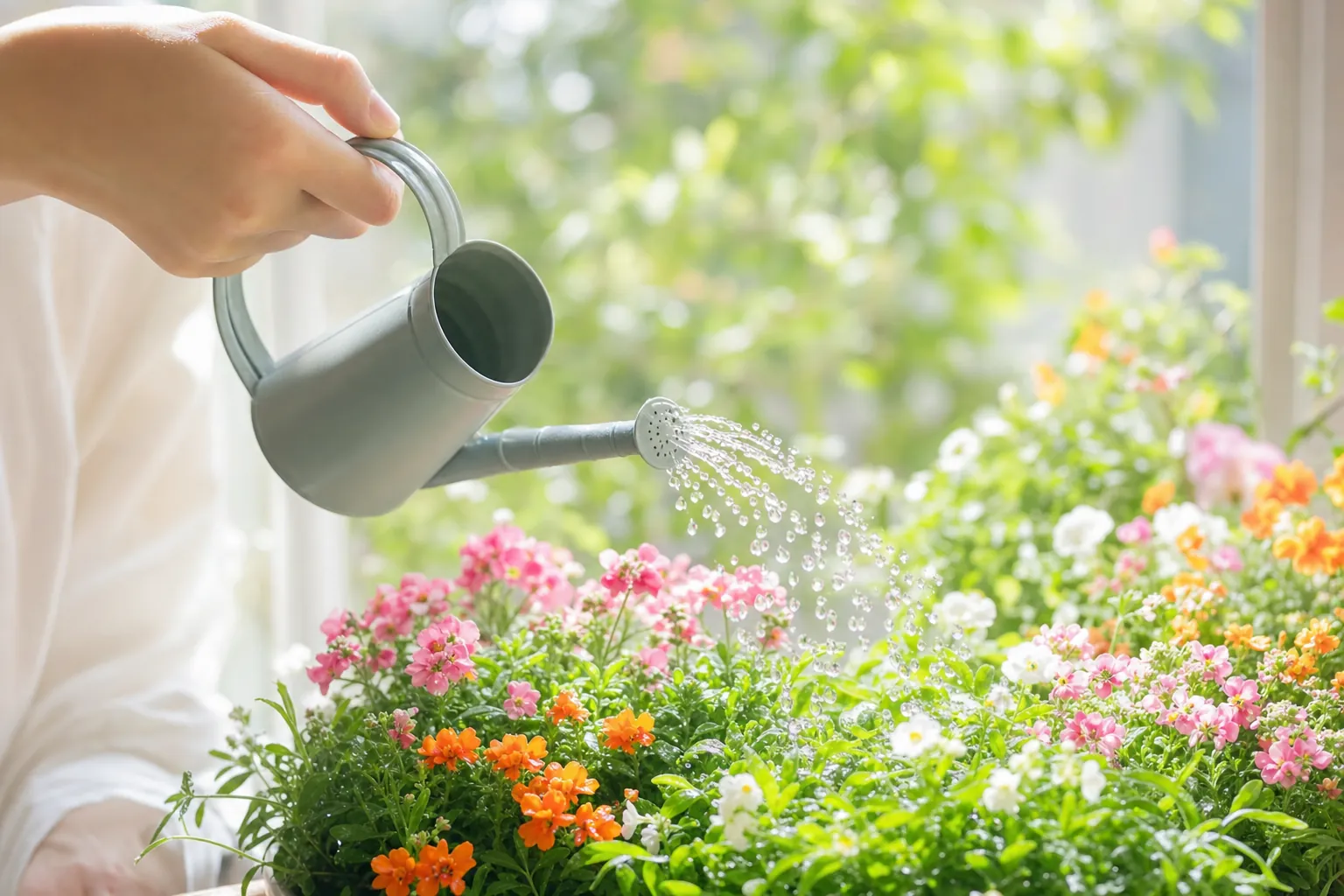 じょうろで色とりどりの花に水をやる手元のやわらかいイラスト調写真