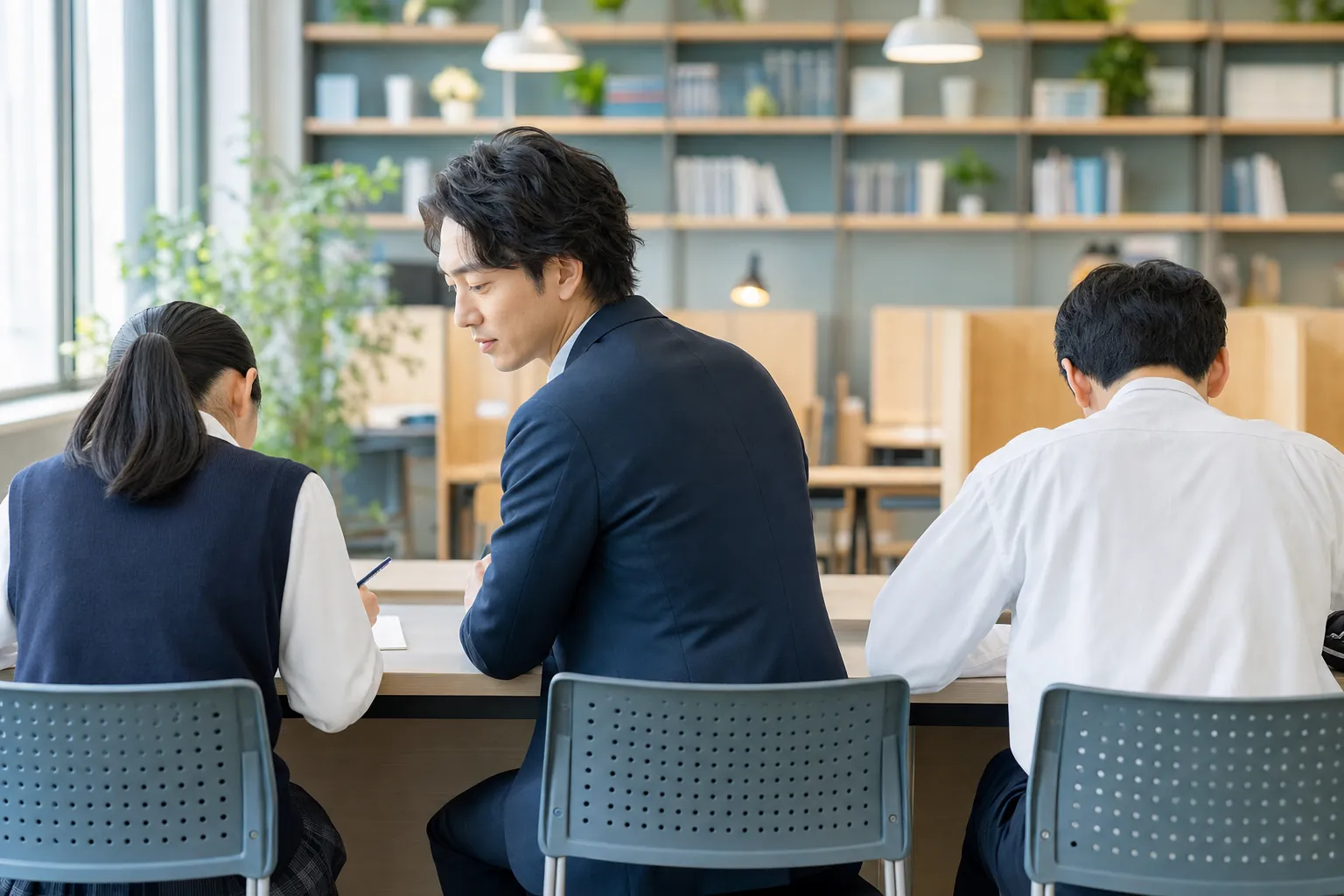 授業中の教室風景。3人掛け机の真ん中に講師、両隣の生徒はノートに向かう後ろ姿（顔ぼかしなし・後ろ姿構図）。あたたかい自然