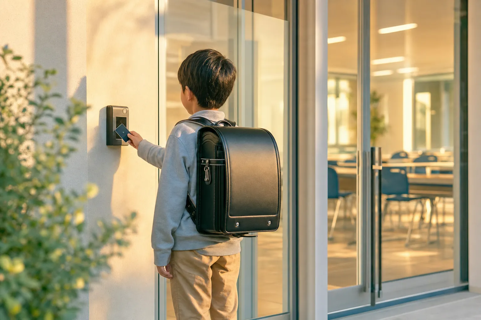 学校帰りの夕方、教室の入口でカードをかざす小学生の後ろ姿。ランドセル姿