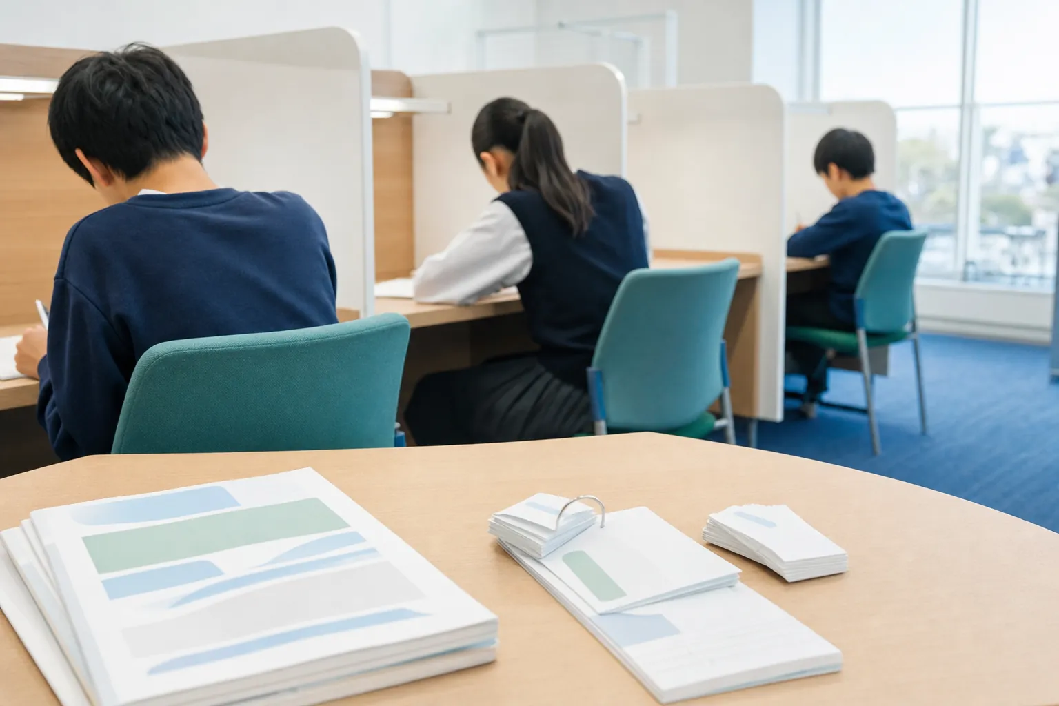 テスト前の土曜、自習室で問題を解く中学生たちの後ろ姿。手前の机に積まれた学校ワークと暗記カード