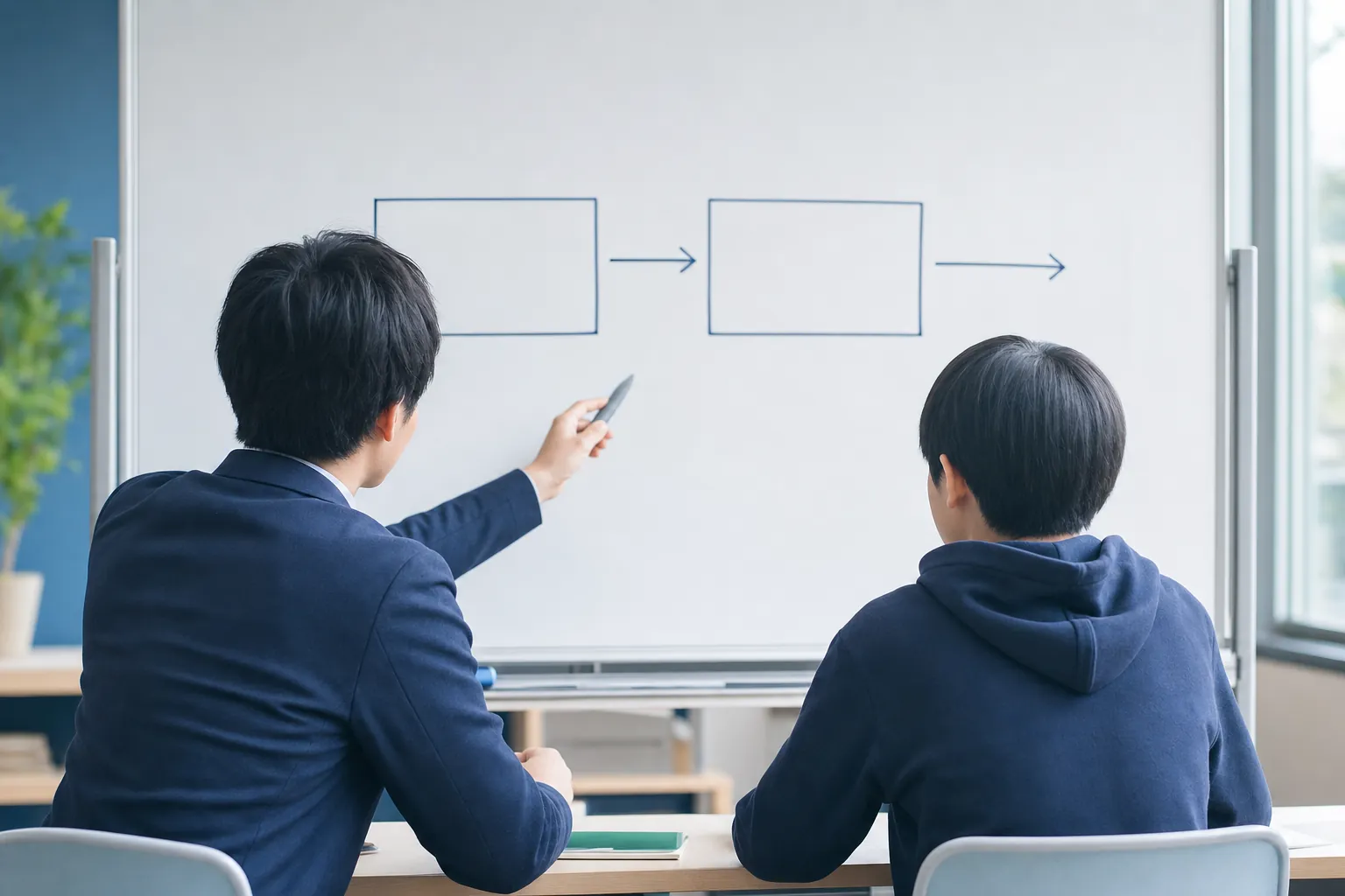 ホワイトボードに書かれた「内申→入試」の2段階図を前に、進路面談をする講師と生徒の後ろ姿