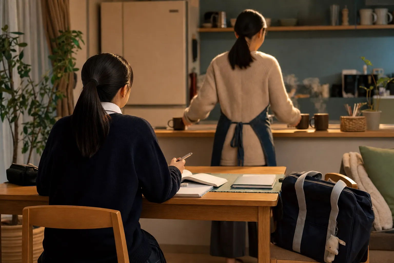 夜のリビング。部活バッグを床に置いたままテーブルに突っ伏す高校生の後ろ姿と、キッチンから見守る母親の後ろ姿（顔ぼかしなし