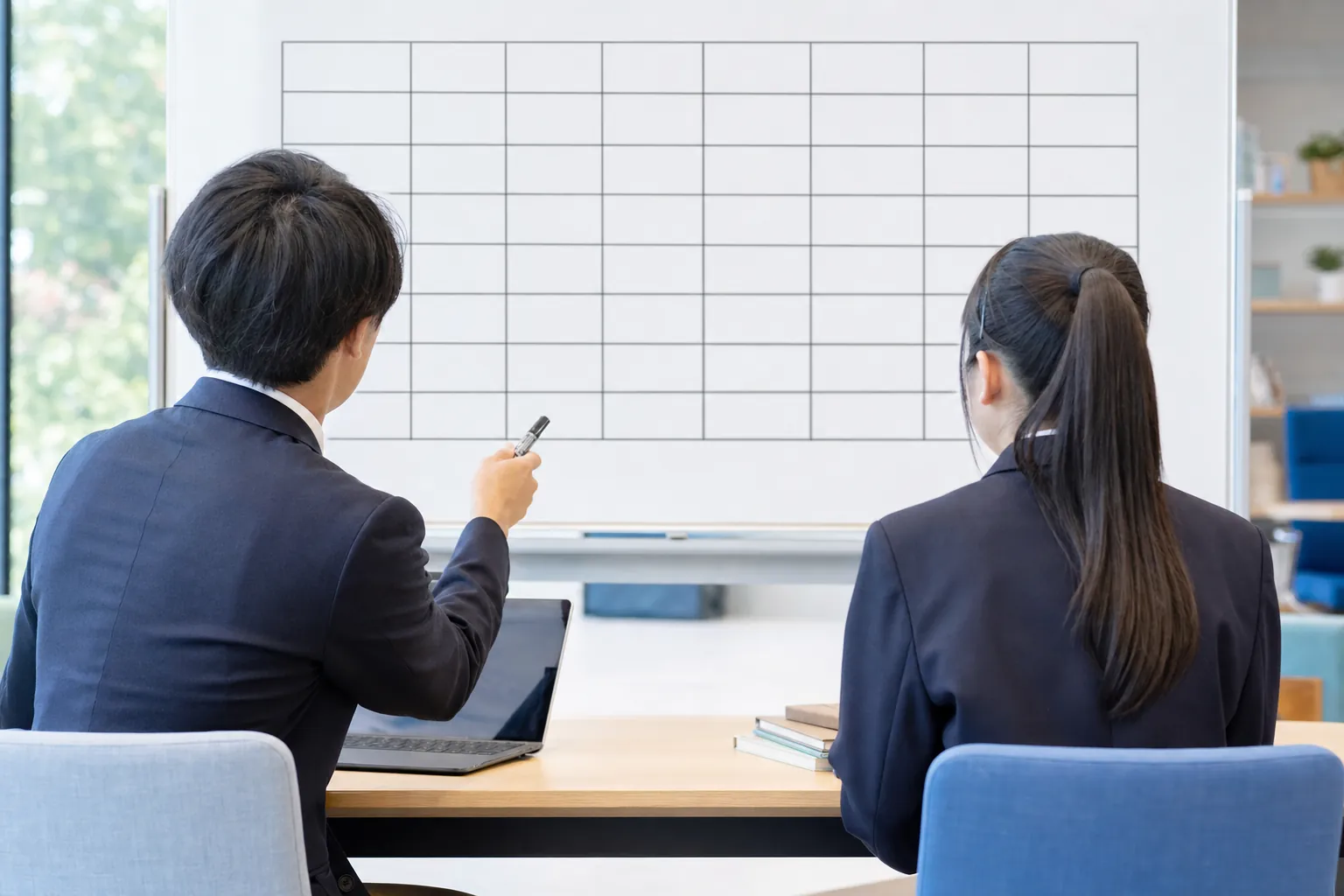 ホワイトボードに書かれた志望校名と教科別の目標点の表を前に、進路面談をする講師と高校生の後ろ姿
