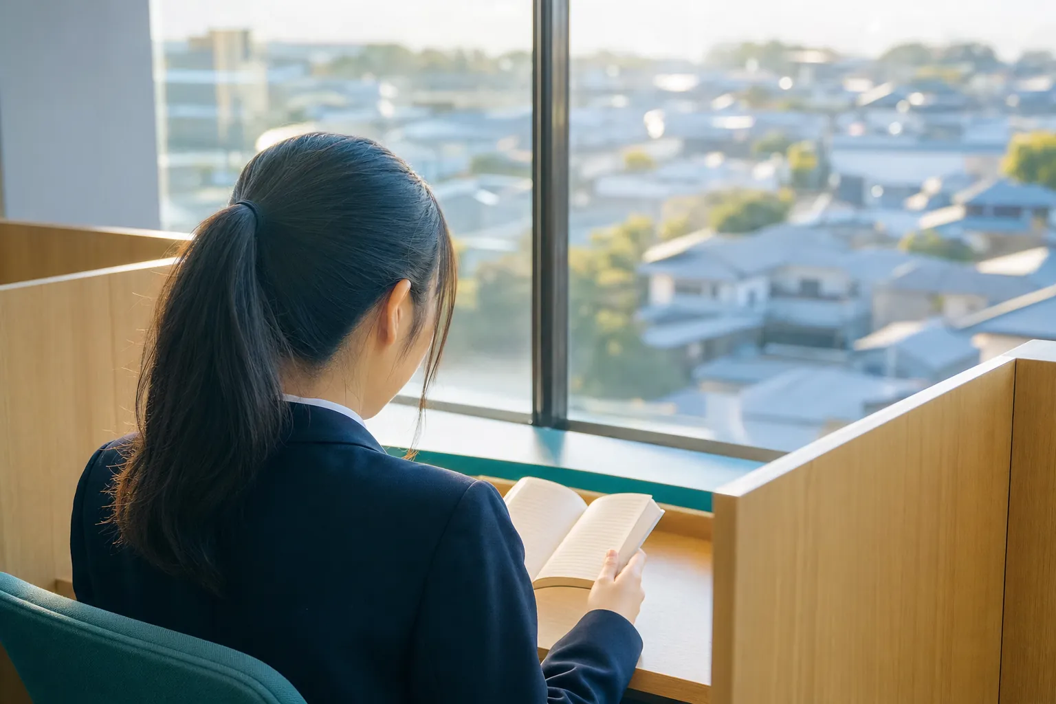 朝の自習室。ブース席で単語帳を開く制服姿の高校生の後ろ姿。窓の外はまだ静かな朝の街並み