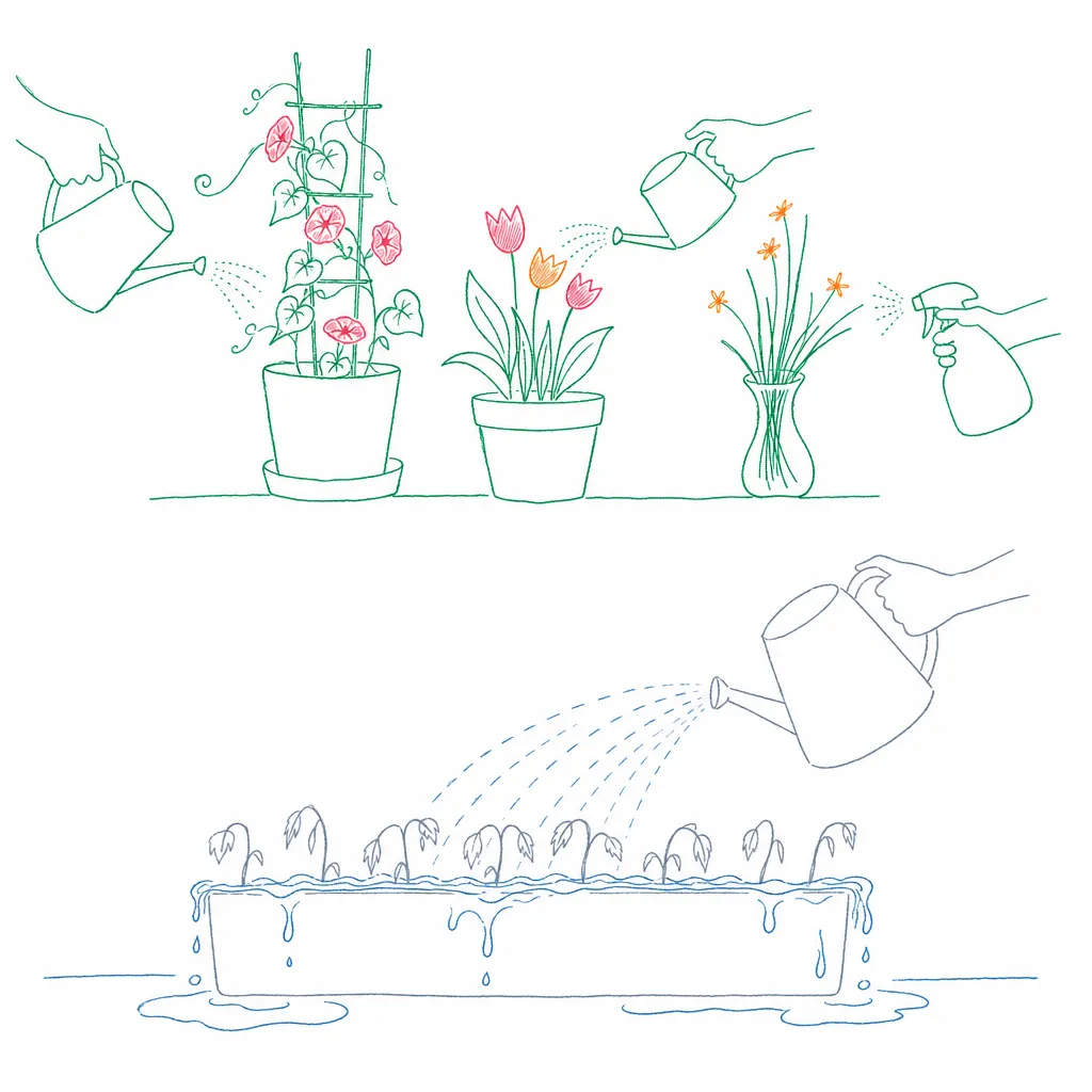 手描き風イラスト。左＝大きなジョウロが大量の水を一律に注ぎ、種が「根腐れ」している絵。右＝3種の異なる植物に、それぞれ合