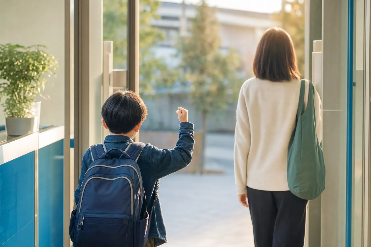 授業後、教室の出口で小さくガッツポーズをする小学生の後ろ姿と、迎えの保護者の後ろ姿（顔は写らない構図）。夕方のやわらかい