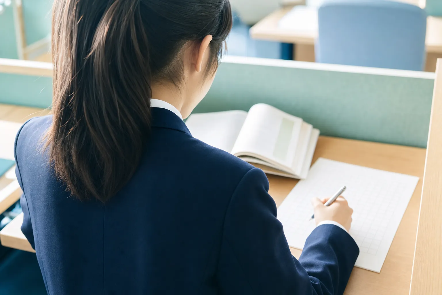 自習室で参考書と学習計画表を広げて勉強する高校生の後ろ姿（顔ぼかし禁止・後ろ姿構図）。朝の光