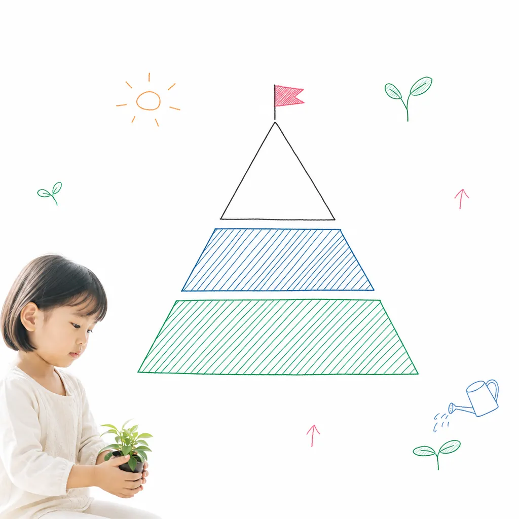 3段ピラミッドの手描き図解（上：学力／中：学ぶチカラ／下：自信）。土台が大きいほど高く積めることが一目でわかる図