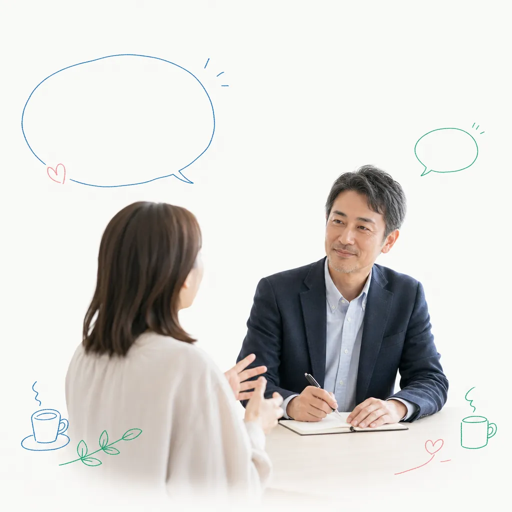 面談ブースで保護者の話にやわらかく耳を傾ける代表・竹田本人（本人写真を参照に生成）